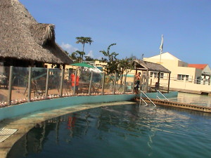 restaurace na břehu bazénu delfinária Dolphin FantaSeas